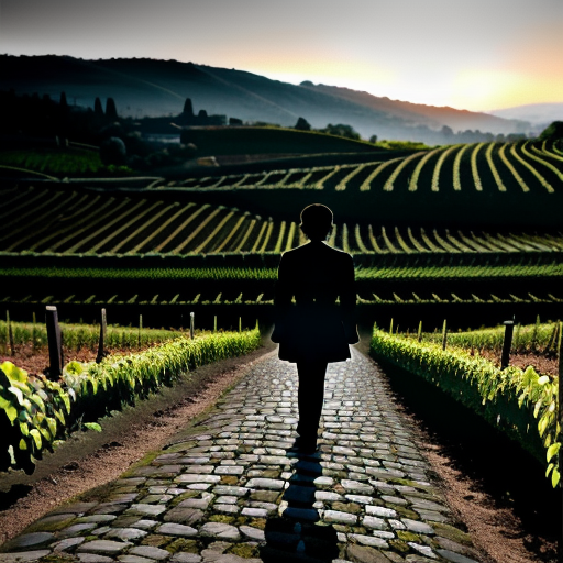 Rafael, a small figure amidst the sprawling vineyards and rolling hills, walks determinedly along the ancient cobblestone road, his shadow stretching out before him as he ventures into the unknown, carrying the encrypted message close to his heart.